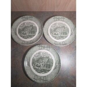 3CURRIER & IVES Green White Vintage 9.25" Plate with Grain Mill Farm Royal China